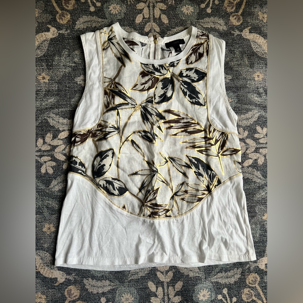 J. Crew linen cotton sleeveless back zip white gold brown palm print top
